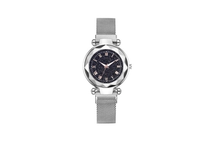 Detail of silver mesh band watch with blue starry dial and Roman numerals scale