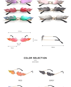 Detailed size chart and multi-color options for flame-shaped rimless metal sunglasses