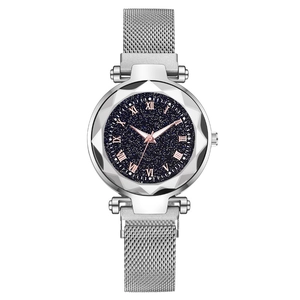 Women's watch with starry blue dial, Roman numerals, and silver magnetic mesh strap