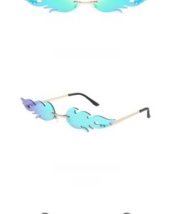 Detail of blue-purple gradient flame sunglasses with gold metal temples on white background