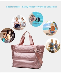 Rose gold quilted gym bag for yoga and swimming with dry wet separation detail