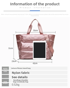 Pink quilted fitness bag size comparison with tablet showing dimensions and nylon texture
