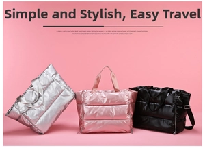 Quilted down fabric gym tote bags in silver, pink, and black colors for travel and sports