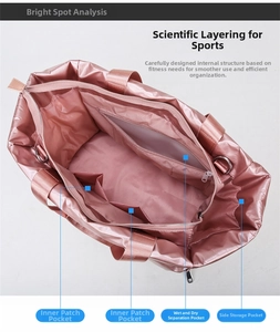 Detail view of pink sports bag interior with wet-dry separation and storage pockets