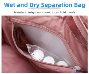 Detail of waterproof wet-dry compartment in pink fitness bag with seamless TPU lining