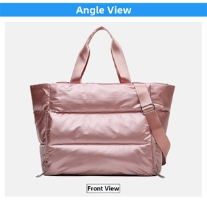 Front view of pink quilted gym bag with metallic finish and adjustable shoulder strap