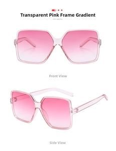 Front and side view of transparent pink oversized square sunglasses with gradient lenses