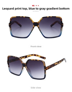 Detailed front and side view of leopard and blue gradient square frame sunglasses