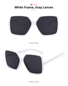 Detailed front and side views of oversized white square sunglasses with dark grey lenses