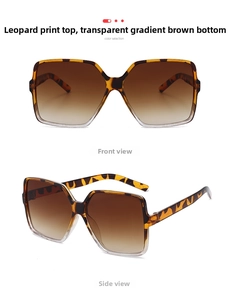 Detailed front and side view of large square leopard print sunglasses with gradient lenses
