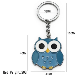 Blue enamel owl keychain made of zinc alloy with detailed size measurements 100x41mm
