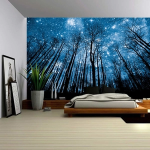 Nordic Christmas tree tapestry showing a starry forest night scene for bedroom wall decor