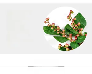 Detail of artificial berry branches with gradient red-green berries and serrated green leaves