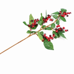 Artificial red berry stems with green leaves for home decor and DIY wedding arrangements