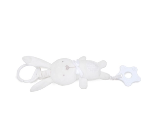 Detail of white plush rabbit baby toy with heart embroidery and star-shaped teether