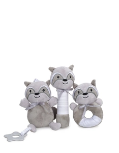 Plush raccoon baby toy set with rattle stick, round squeaker and star-shaped teether