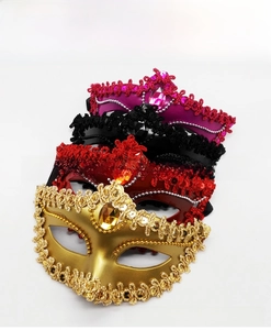 Detail of colorful electroplated masquerade masks with lace trim and rhinestones