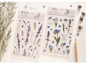 Detailed PET floral stickers featuring lavender and forget-me-not for DIY scrapbooking