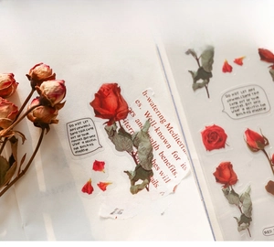Macro shot of semi-transparent red rose PET stickers for DIY scrapbooking decoration