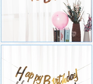 Close-up and lifestyle view of a gold metallic Happy Birthday banner for party decor