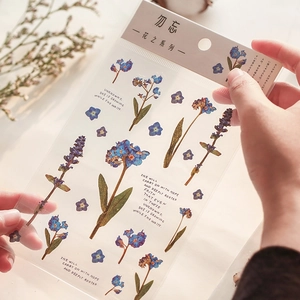 Floral PET transparent stickers with blue forget-me-not botanical designs for DIY journaling