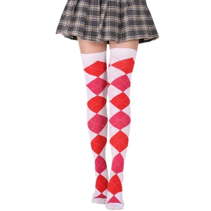 Over the knee socks with red and pink argyle pattern on white fabric for women