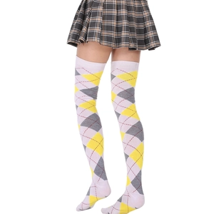 Classic yellow and grey argyle thigh high socks for women in preppy style fashion