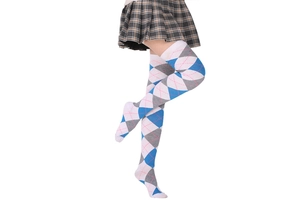 Detailed view of elastic over-knee socks featuring blue and white diamond patterns
