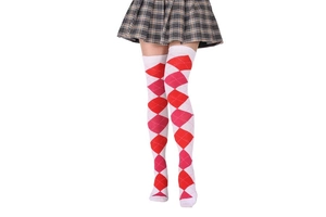 Close-up of high elastic over-knee socks with pink and red diamond checkered pattern