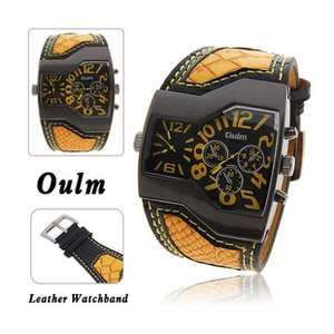 Detailed views of Oulm oversized military watch with black leather strap and yellow accents
