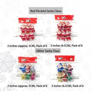 Set of 6 glitter Santa Claus Christmas tree hanging ornaments in multiple colors
