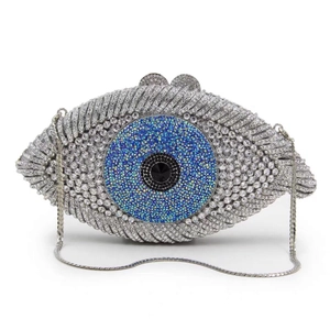 Sparkling silver and blue evil eye evening clutch bag with full rhinestone embellishment