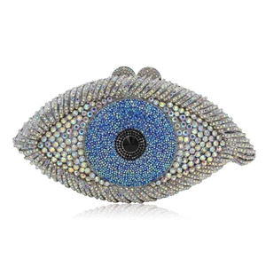 Luxurious eye-shaped evening clutch bag with sparkling rhinestones and metal finish