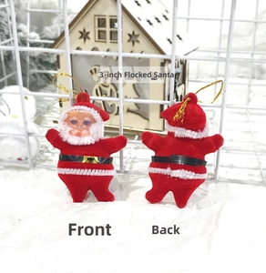 Front and back view of 3-inch flocked red Santa Claus ornaments with gold hanging cords