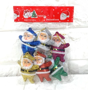 Pack of six colorful glitter Santa ornaments in assorted shades with gold strings