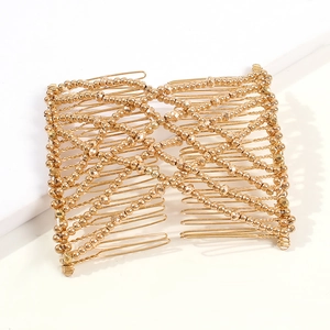 Elastic magic hair comb with gold beads and double metal clips for bun hairstyles
