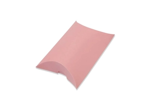 Pink cardboard pillow box for wedding favors and gift packaging on white background