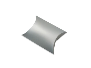 Macro detail of a silver pillow-shaped paper gift box with a sleek metallic finish