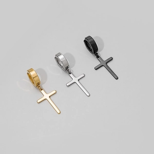 Three-piece stainless steel cross drop earrings set in gold, silver, and black finishes