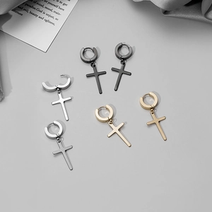 Three pairs of stainless steel cross earrings in black, gold, and silver finishes