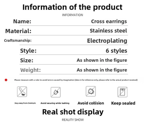 Detail guide for stainless steel cross earrings showing specs and care instructions