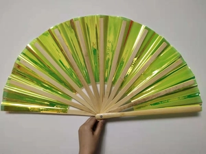 Detail of 33cm Kung Fu fan with laser reflective film and natural bamboo ribs