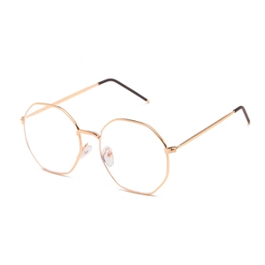 Rose gold geometric octagonal metal glasses frame with slim temples in a 45-degree view
