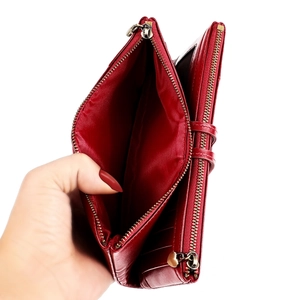 Women's red leather RFID long wallet with zipper and multi-card slots interior view