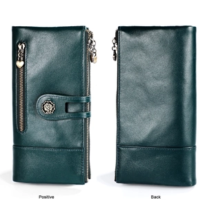 Front and back view of green RFID leather wallet featuring heart charm and rose snap buckle