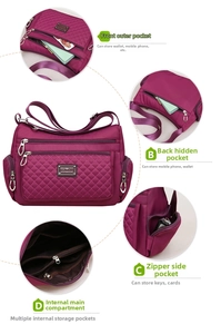 Detail showing multiple storage compartments and quilted nylon fabric of the purple bag