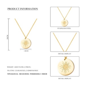 Detailed macro view of stainless steel sunburst evil eye pendant necklace dimensions