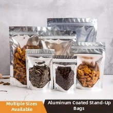Detail of silver aluminum foil stand-up pouches with transparent window and zipper