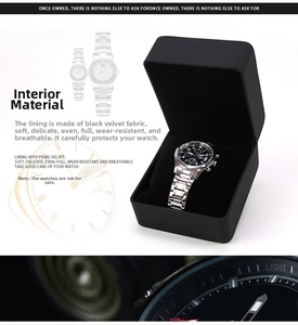 Detail van de premium horlogedoos met zachte zwarte fluwelen voering en matte afwerking