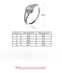 Size chart showing ring diameters and circumferences for heart rhinestone ring